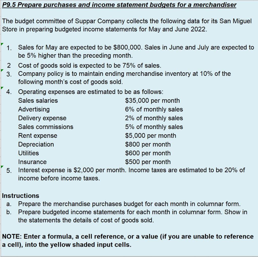 P9 5 Prepare Purchases And Income Statement Budgets For A Merchandiser The Budget Committee Of Suppar Company Collects T 1