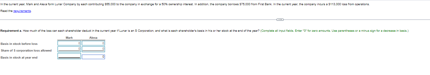 In The Current Year Mark And Alexa Form Lunar Company By Each Contributing 55 000 To The Company In Exchange For A 50 1