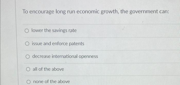 To Encourage Long Run Economic Growth The Government Can O Lower The Savings Rate O Issue And Enforce Patents O Decrea 1