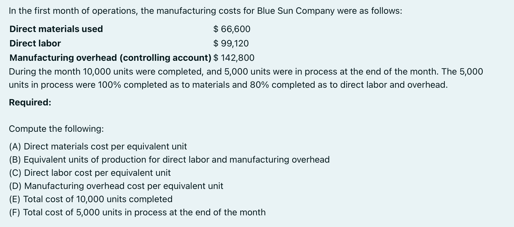 In The First Month Of Operations The Manufacturing Costs For Blue Sun Company Were As Follows Direct Materials Used 1