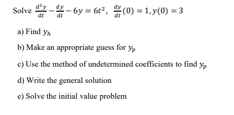 D Y Dy Solve 6y 6t2 D 0 1 Y 0 3 Dt Dt A Find Yn B Make An Appropriate Guess For Yp C Use The Method Of 1