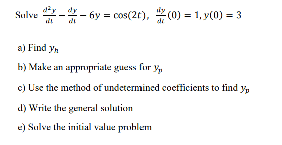 Solve D Y Dy Dt Dt 6y Cos 2t 0 1 Y 0 3 Dt A Find Yn B Make An Appropriate Guess For Yp C Use The Method 1
