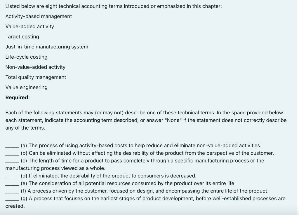 Listed Below Are Eight Technical Accounting Terms Introduced Or Emphasized In This Chapter Activity Based Management Va 1