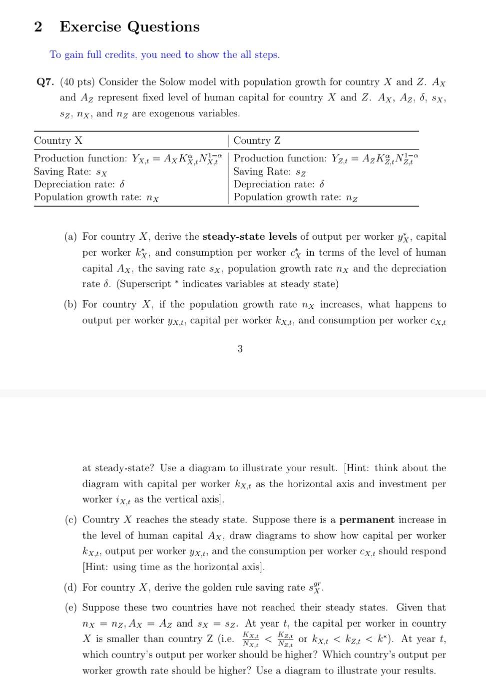 Exercise Questions To Gain Full Credits You Need To Show The All Steps Q7 40 Pts Consider The Solow Model With Popu 1