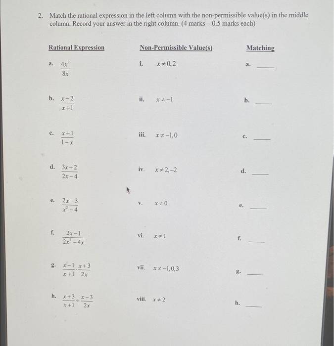 2 Match The Rational Expression In The Left Column With The Non Permissible Value S In The Middle Column Record Your 1