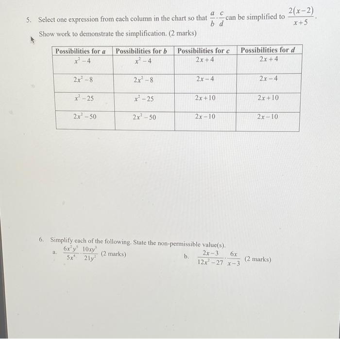 5 Select One Expression From Each Column In The Chart So That Can Be Simplified To Show Work To Demonstrate The Simplif 1