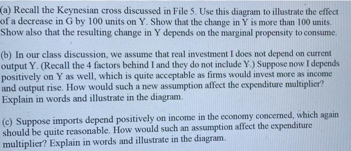 A Recall The Keynesian Cross Discussed In File 5 Use This Diagram To Illustrate The Effect Of A Decrease In G By 100 1
