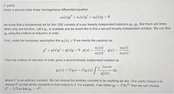 1 Point Given A Second Order Linear Homogeneous Differential Equation Az R Y A1 X Y Ao X Y 0 We Know That A Fun 1