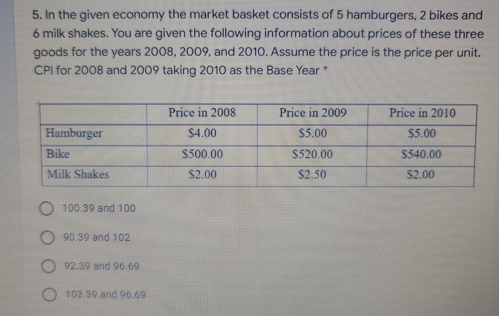 5 In The Given Economy The Market Basket Consists Of 5 Hamburgers 2 Bikes And 6 Milk Shakes You Are Given The Followi 1