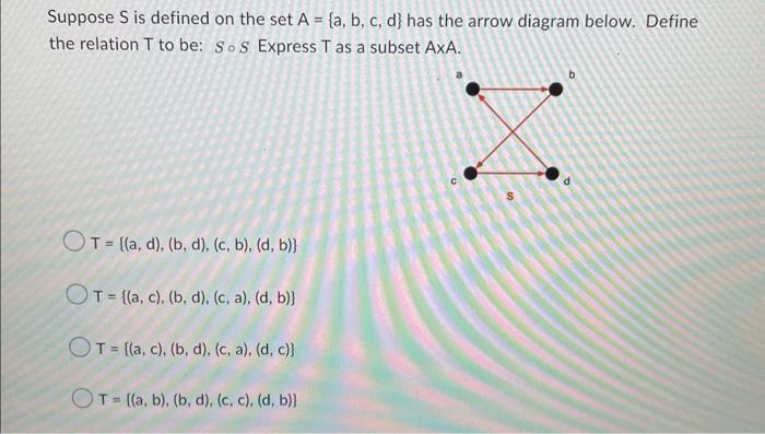 Suppose S Is Defined On The Set A A B C D Has The Arrow Diagram Below Define The Relation T To Be So S Express 1