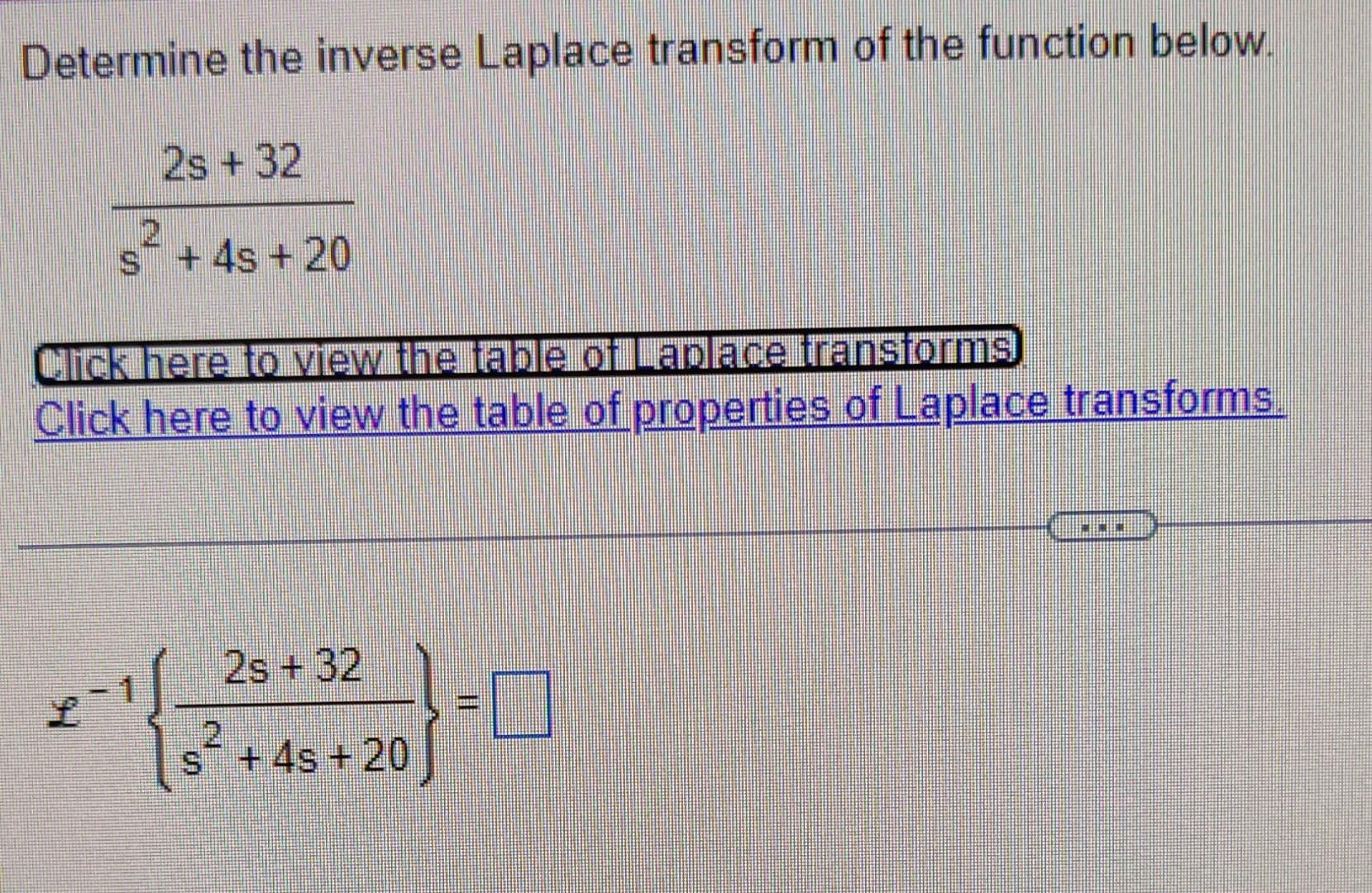 Determine The Inverse Laplace Transform Of The Function Below 2s 32 2 S 4s 20 Click Here To View The Table Of Laplac 1