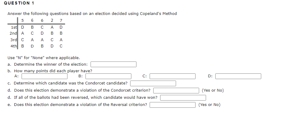 Question 1 Answer The Following Questions Based On An Election Decided Using Copeland S Method 6 2 7 C A D D B B 5 1st D 1