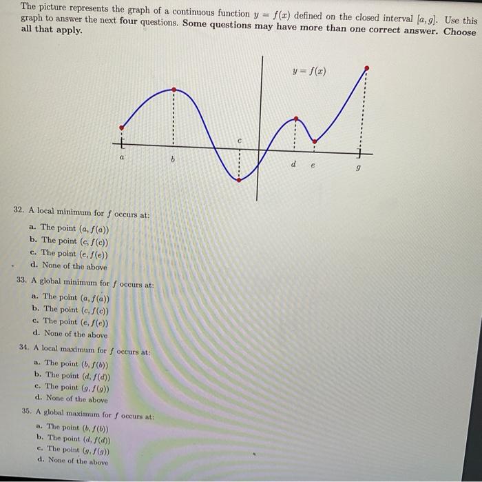 The Picture Represents The Graph Of A Continuous Function Y Graph To Answer The Next Four Questions Some Questions Ma 1