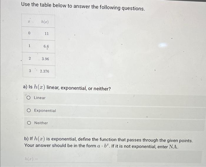 Use The Table Below To Answer The Following Questions H 0 1 2 3 H Z 11 6 6 3 96 2 376 A Is H X Linear Exponential 1