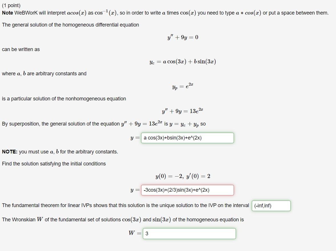 1 Point Note Webwork Will Interpret Acos X As Cos X So In Order To Write A Times Cos X You Need To Type A Cos 1