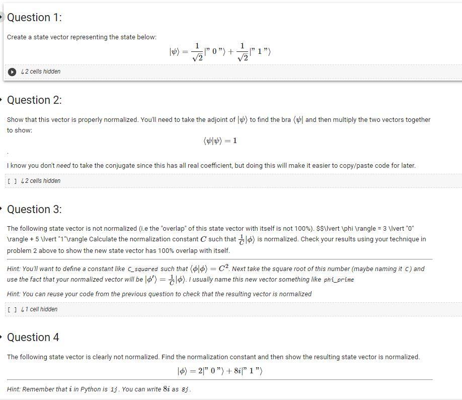 Question 1 Create A State Vector Representing The State Below 42 Cells Hidden 126 2 Po 2 P 1 Question 2 S 1