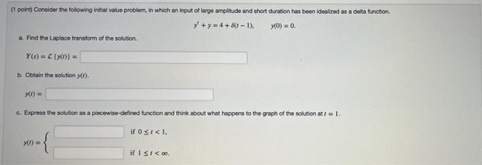 1 Point Consider The Following Initial Value Problem In Which An Input Of Large Amplitude And Short Duration Has Been 1