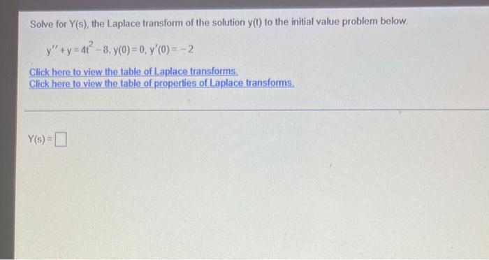Solve For Y S The Laplace Transform Of The Solution Y T To The Initial Value Problem Below Y Y 41 8 Y 0 0 Y 0 1