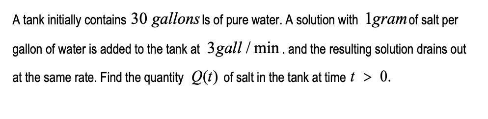 A Tank Initially Contains 30 Gallons Is Of Pure Water A Solution With 1gram Of Salt Per Gallon Of Water Is Added To The 1