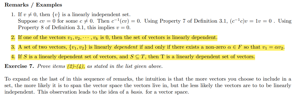 Remarks Examples 1 If V 0 Then V Is A Linearly Independent Set Suppose Cv 0 For Some C0 Then C Cv 0 Usin 1