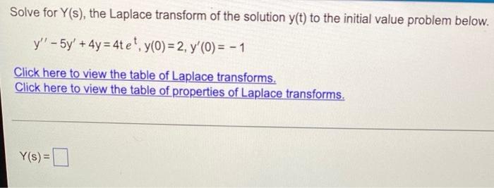 Solve For Y S The Laplace Transform Of The Solution Y T To The Initial Value Problem Below Y 5y 4y 4tet Y 0 1