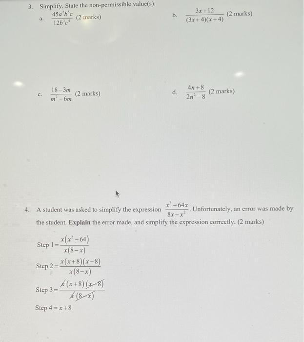 3 Simplify State The Non Permissible Value S 45a B C 12b C 2 Marks A C 18 3m M 6m Step 1 2 Marks X X 64 X 1