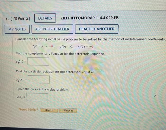 Gmail Youtube Maps 3 1 Points My Notes Details Zilldiffeqmodap11 4 4 011 Y X Ask Your Teacher Solve The Given D 3