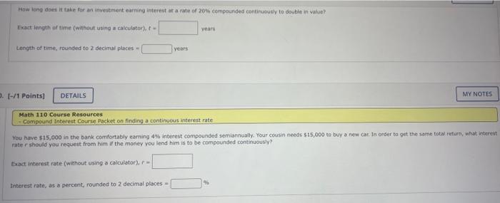 How Long Does It Take For An Investment Earning Interest At A Rate Of 20 Compounded Continuously To Double In Value Ex 2