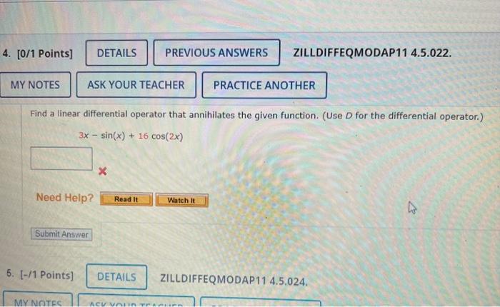 4 0 1 Points My Notes Details Submit Answer 5 1 Points Ask Your Teacher Need Help Read It My Notes Find A Linea 1