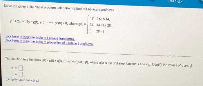 Solve The Given Initial Value Problem Using The Method Of Laplace Transforms 17 0sts 14 34 14 T 28 0 28 1 Y 2y 1