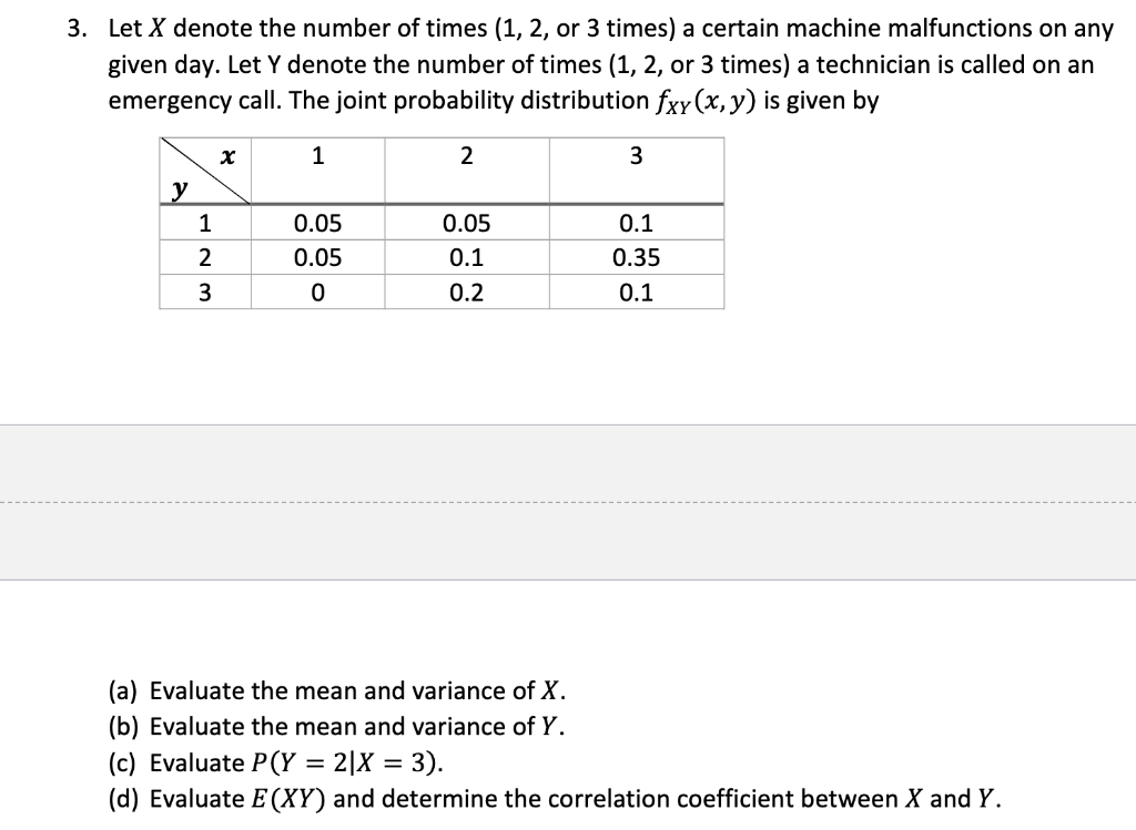 3 Let X Denote The Number Of Times 1 2 Or 3 Times A Certain Machine Malfunctions On Any Given Day Let Y Denote The 1
