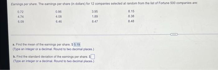 Earnings Per Share The Earnings Per Share In Dollars For 12 Companies Selected At Random From The List Of Fortune 500 1