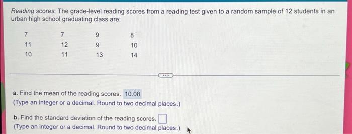 Reading Scores The Grade Level Reading Scores From A Reading Test Given To A Random Sample Of 12 Students In An Urban H 1