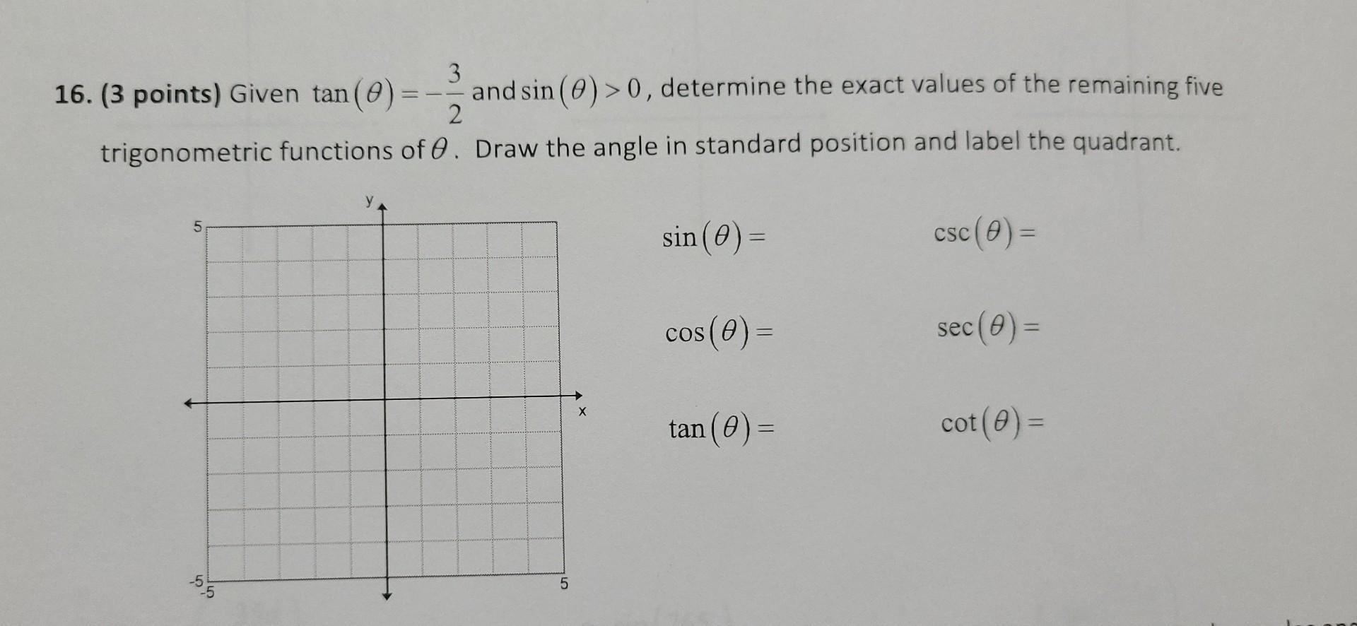 3 16 3 Points Given Tan 0 And Sin 0 0 Determine The Exact Values Of The Remaining Five 2 Trigonometric Functions 1