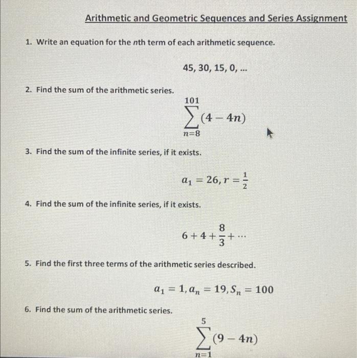 Arithmetic And Geometric Sequences And Series Assignment 1 Write An Equation For The Nth Term Of Each Arithmetic Sequen 1