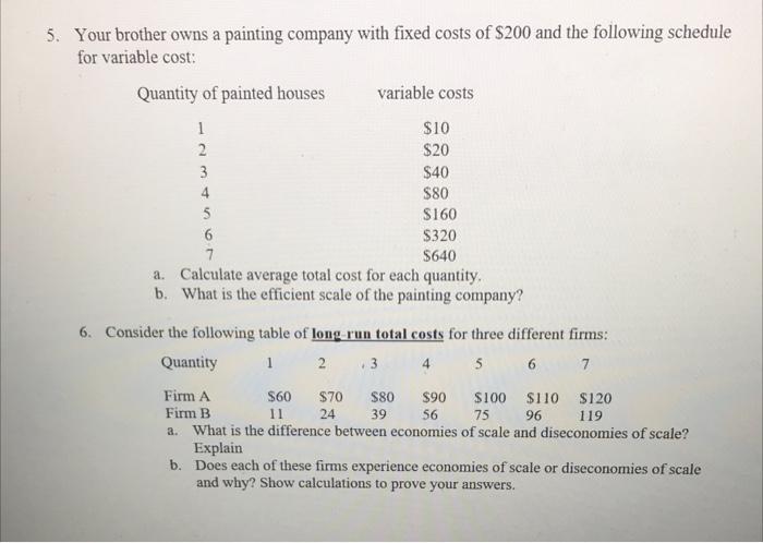 5 Your Brother Owns A Painting Company With Fixed Costs Of 200 And The Following Schedule For Variable Cost Quantity 1