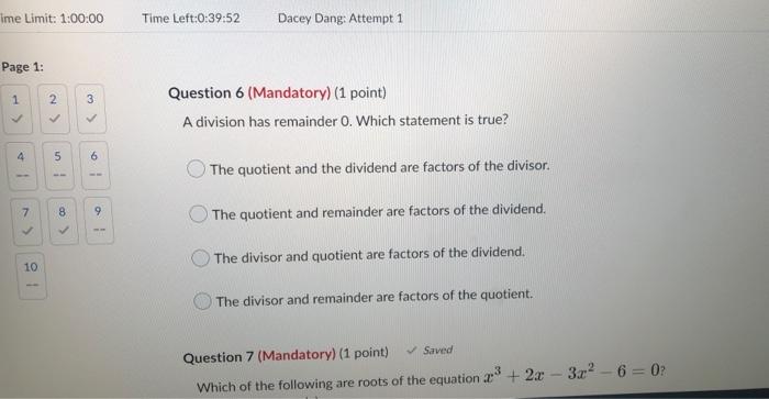 Ime Limit 1 00 00 Page 1 1 2 4 1 7 10 N 5 8 3 6 O Time Left 0 39 52 Dacey Dang Attempt 1 Question 6 Mandato 1