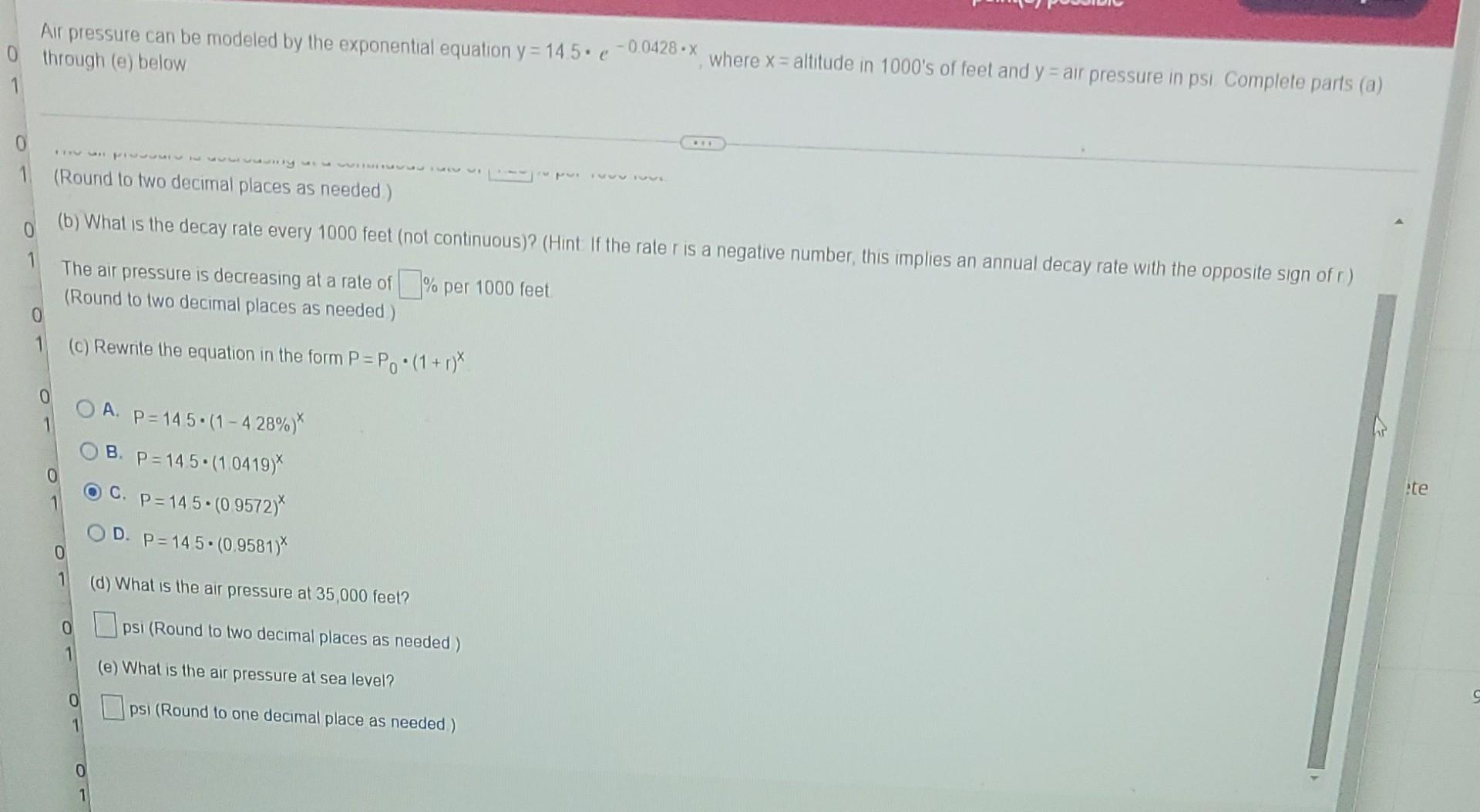 Air Pressure Can Be Modeled By The Exponential Equation Y 14 5e 0 0428 X Where X Altitude In 1000 S Of Feet And Y 1