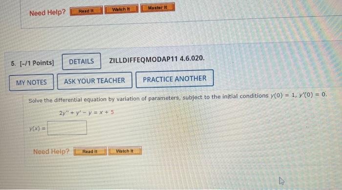 3 1 Points My Notes Y X Details Zilldiffeqmodap11 4 6 010 Ask Your Teacher Solve The Differential Equation By V 2