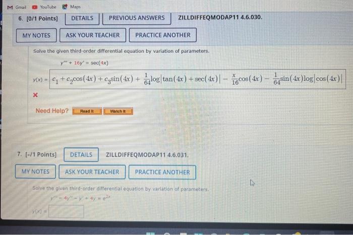M Gmail Youtube 6 0 1 Points Details Maps My Notes Ask Your Teacher Previous Answers Zilldiffeqmodap11 4 6 030 Need 1