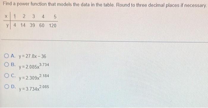 Find A Power Function That Models The Data In The Table Round To Three Decimal Places If Necessary 1 2 3 4 5 4 14 39 6 1