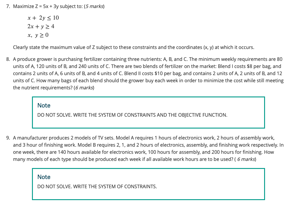 7 Maximize Z 5x 3y Subject To 5 Marks X 2y 10 2x Y 24 X Y 0 Clearly State The Maximum Value Of Z Subjec 1