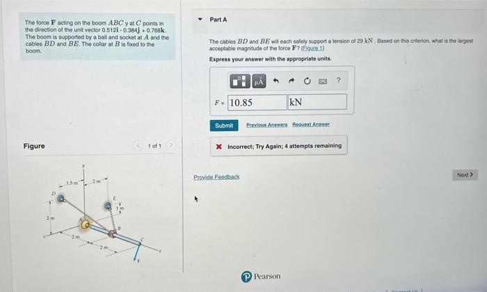 The Force F Acting On The Boom Abc Y At C Points In The Direction Of The Unit Vector 0 5121 0 384j 0 768k The Boom Is S 1