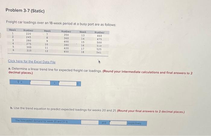 Problem 3 7 Static Freight Car Loadings Over An 18 Week Period At A Busy Port Are As Follows Week Week 1 Number 220 N 1