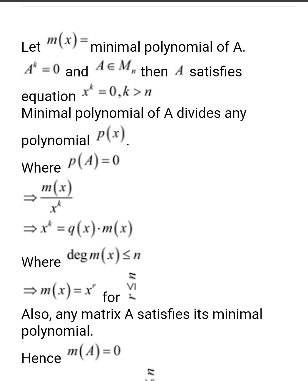 Let M X Minimal Polynomial Of A A 0 And Am Then A Satisfies X 0 K N Equation Minimal Polynomial Of A Divides 1