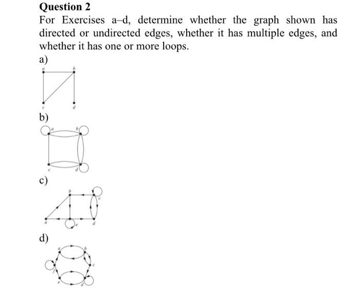 Question 2 For Exercises A D Determine Whether The Graph Shown Has Directed Or Undirected Edges Whether It Has Multipl 1