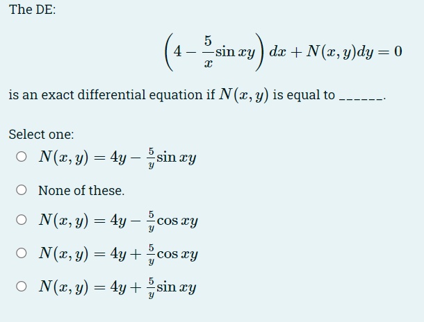 Question 5 Points Solution Of The Following Separable De Is Select One O None Of These O 5 Ln Y 3 Ln X C 3 3