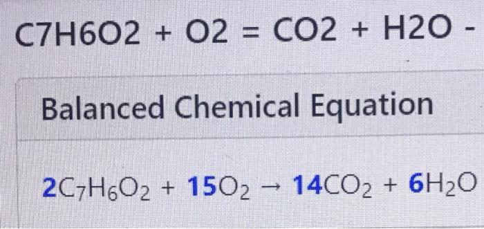 C7h602 O2 Co2 H2o Balanced Chemical Equation 2c7h6o2 1502 14co2 6h O 1