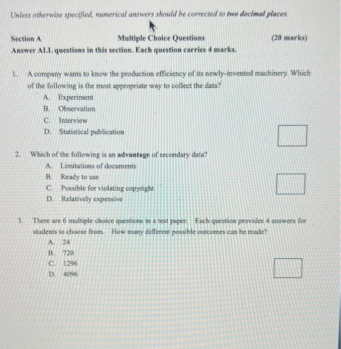 Unless Otherwise Specified Numerical Answers Should Be Corrected To Two Decimal Places Section A Multiple Choice Quest 1