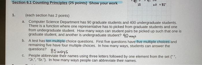 Section 6 1 Counting Principles 25 Points Show Your Work 1 E 25 60 85 Each Section Has 2 Points A Computer Sci 1